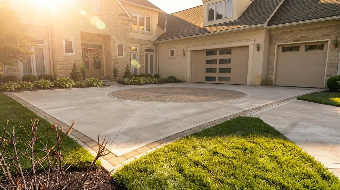 Custom concrete driveway and outdoor living space by Maxima Concrete in Ohio